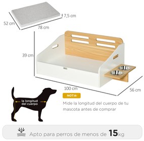 Cama de Madeira para Cães Gatos Sofá para Animais de Estimação Médios e Pequenos com Comedouro 2 Tigelas Almofada Acolchoada 100x56x39cm Natural e Bra