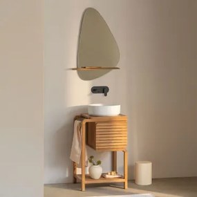 Conjunto De Móvel De Casa De Banho Em Madeira De Teca Bradley Cerâmica Redonda Branca Ø40 Cm Lenka & Preto Mate Embutido Com Válvula De Escoamento Sem