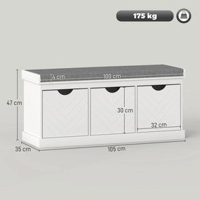 Banco para Calçado de Entrada com Arrumação, 105 x 35 x 47 cm, 3 Gavetas Amovíveis, Branco