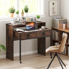 Secretária extensível, mesa pequena para computador com 2 gavetas e rodas100 x 63 x 88 cm Castanho