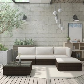 5 pcs conjunto lounge jardim c/ almofadões vime PE castanho