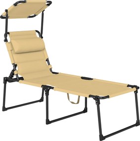 Outsunny Espreguiçadeira de Praia Dobrável Espreguiçadeira de Jardim com Toldo Ajustável para Terraço Piscina 70x200x45 cm Creme | Aosom Portugal