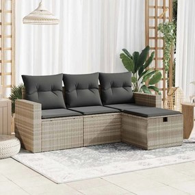 4 pcs conj. sofás jardim c/ almofadões vime PE cinzento-claro