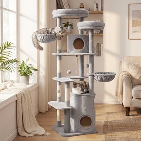 Arranhador para gatos 55 x 60 x 196 cm, árvore com vários níveis, com plataformas cinzento claro