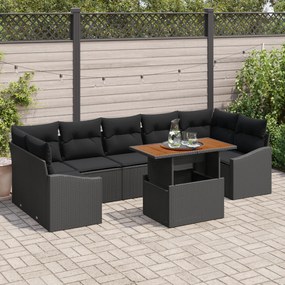 Conjunto de Sofá de Jardim de 8 Peças com Almofadas Preto Rattan Polié
