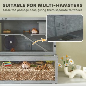Gaiola de madeira para hamsters 80 x 50 x 84 cm, 3 níveis com casinha, roda, rampas, painel transparente, espaços separados, cinzenta