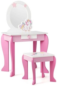 Toucador infantil para menina com Banco Espelho Removível e Gaveta 49,5 x 35,5 x 89 cm Branco e Rosa