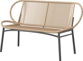 Banco de jardim de 2 lugares, 138C x 62L x 83A cm em resina trançada com estrutura metálica, resistente às intempéries, cor natural