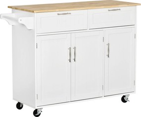 HOMCOM Carrinho de Cozinha com Rodas 2 Gavetas 3 Portas Prateleiras Ajustáveis e Barra para Sala de Jantar 121x46x91 cm Branco | Aosom Portugal