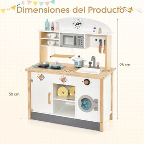 Cozinha de brincar para crianças de 3 anos Cozinha de brincar em madeira com micro-ondas, máquina de lavar roupa, escorredor Simulado 79 x 35 x 98 cm