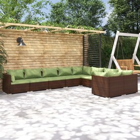vidaXL 9 pcs conjunto lounge de jardim c/ almofadões vime PE castanho