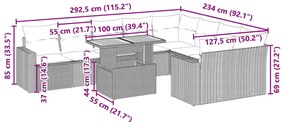 10 pcs conjunto sofás de jardim c/ almofadões vime PE preto