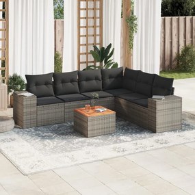 7 pcs conjunto sofás p/ jardim c/ almofadões vime PE cinzento