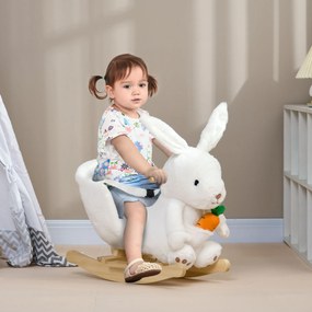 Brinquedo de baloiço em forma de coelho, com função musical, sela de grande conforto, pelúcia curta e macia, madeira de choupo, 18-36 meses, branco