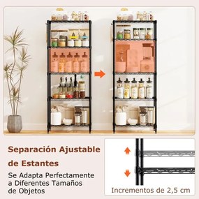 Estante metálica ajustável 59 x 34 x 150 cm de 5 níveis com grelha de arame com capacidade para 340 kg para casa, cozinha, garagem, escritório Preta