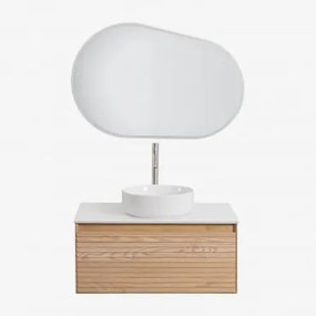 Conjunto De Móveis De Banheiro Em Madeira Tedrik Ash Castanho Fresno & Cerâmica Redonda Branca Ø40 Cm Lenka & Oval Led E - Sklum