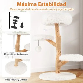 Torre para gatos em madeira maciça de pereira 50 x 90 cm (diâmetro x altura) com plataforma, bola suspensa e postes para arranhar brancos