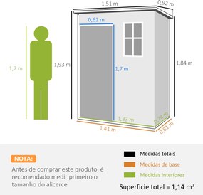 Abrigo de Jardim 1,14 m² 151x92x193 cm Abrigo de Exterior Metálico com Chão Porta de Correr Janela e Teto Inclinado Cinzento