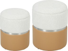 Conjunto de 2 Puffs de Armazenamento Estofados em Chenille e PU Assento Acolchoado para Entrada Quarto ou Sala Castanho e Creme