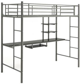 Cama alta com secretária infantil, 2 escadas bilaterais e 2 prateleiras de arrumação estrutura Prata