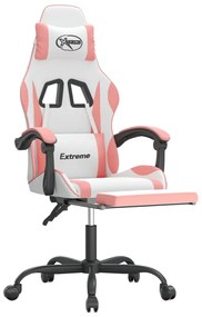 Cadeira gaming giratória c/ apoio pés couro artif. branco/rosa