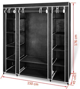 Armário tecido com compartimentos e varões 45x150x176 cm preto