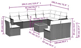 11 pcs conjunto sofás de jardim c/ almofadões vime PE preto