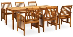 7 pcs conjunto de jantar p/ jardim c/ almofadões acácia maciça