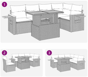 6 pcs conjunto sofás jardim com almofadões vime PE/acácia bege