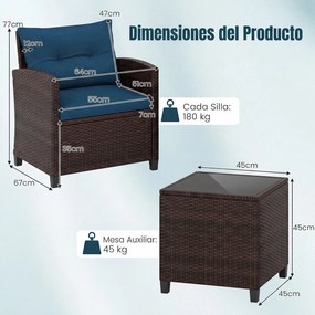 Conjunto de 2 Cadeiras de Exterior e Mesa Auxiliar, 67 x 64 x 77 cm, Ratan PE Entrançado à Mão, Castanho e Azul