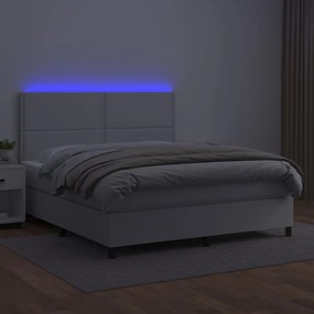 Cama box spring c/colchão/LED 160x200cm couro artificial branco