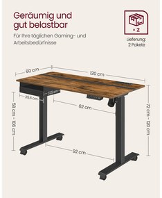 Secretária elétrica com altura ajustavel com 2 tomadas e 2 portas USB; e gaveta 60 x 120 x (72-120) cm castanho Vintage -preto