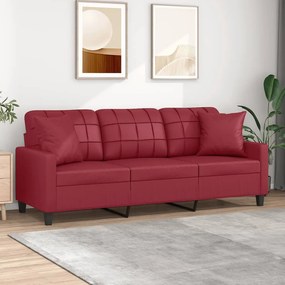 vidaXL Sofá 3 lug. c/ almofadas 180 cm couro artificial vermelho tinto