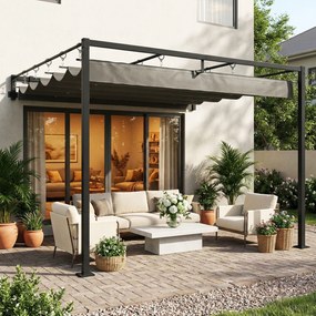 Pérgola de Parede para Jardim 3x3 m com Teto Retrátil Proteção UPF30+ Drenagem Pérgola de Jardim para Exterior Cinzento