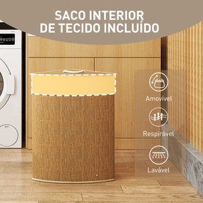 Cesto para Roupa Suja de Bambu de 55L com Tampa e Asa Saco Extraível e Lavável para Casa de Banho Quarto, 35x35x60 cm Castanho