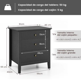 Mesa de Cabeceira "FREJA" com 3 Gavetas – Moderna, Preto – 60 x 45 x 6