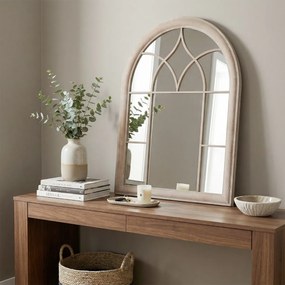 Espelho de painel de janela estilo rústico arqueado 88,5 x 69 x 3,5 cm e montado na parede com moldura metálica cinza