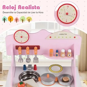 Cozinha de brincar em madeira para crianças 52 x 29,5 x 71 cm com relógio, fogão, prateleira, especiarias, torneira, lava-louças e forno para maiores
