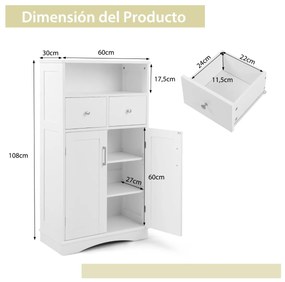 Armário de casa de banho de chão com 2 portas, 2 gavetas e 2 prateleiras ajustáveis Organizador de armazenamento 60 x 30 x 108 cm Branco