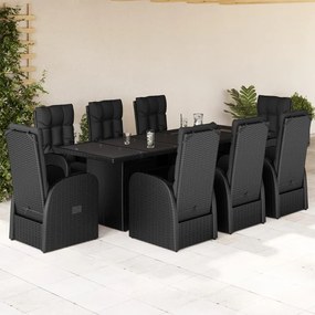 9 pcs conjunto de jantar p/ jardim c/ almofadões vime PE preto