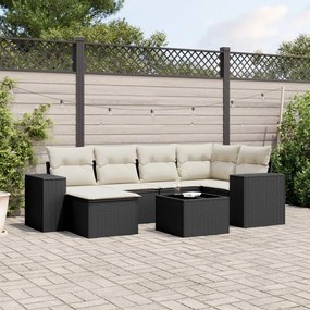 7 pcs conjunto de sofás p/ jardim c/ almofadões vime PE preto