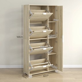 Armário para sapatos com 4 portas basculantes 82 L x 30 P x 168 A cm, 2 compartimentos e frentes espelhadas para 16 pares de sapatos, móvel de entrada
