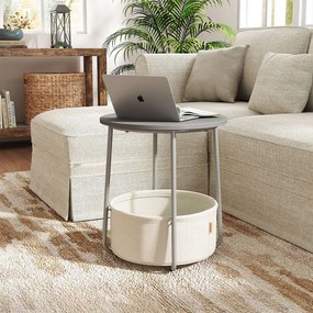 Mesa auxiliar redonda com cesto em tecido 45 x 50 cm cinza cimento + branco creme