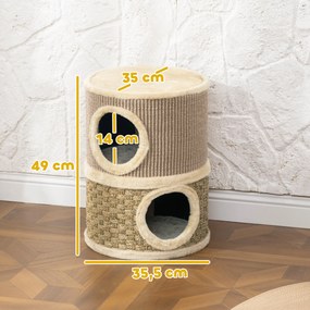 Arranhador em Forma de Cilindro para Gatos com 3 Níveis Plataforma e Caverna Confortável 37,5x37,5x70 cm Caqui e Bege