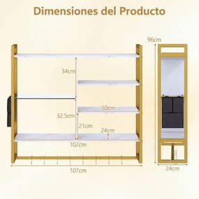 Prateleira suspensa moderna 107 x 24 x 96 cm, 6 níveis, 8 ganchos e bolso lateral para cozinha, bar ou casa – Dourada e Branco