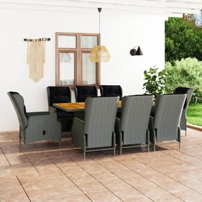 vidaXL 9 pcs conj. jantar exterior + almofadões vime PE cinzento-claro