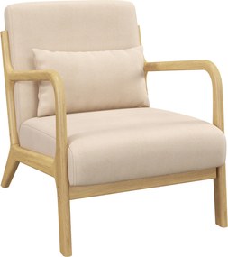 Poltrona Sala de Estar Nórdica Acolchoada com Apoio para os Braços e Estrutura de Madeira de Borracha 61x78x76 cm Bege