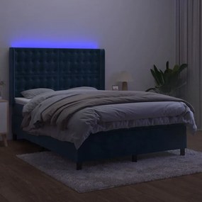 Cama box spring c/ colchão/LED 140x190 cm veludo azul-escuro