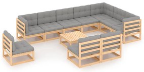 11 pcs conjunto lounge de jardim c/ almofadões pinho maciço