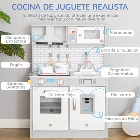 HOMCOM Cozinha Infantil de Madeira para Crianças acima de 3 Anos Cozinha de Madeira Infantil com Luz Sons Acessórios Utensílios Exaustor Lavatório e Microondas 60x29x84cm Cinza